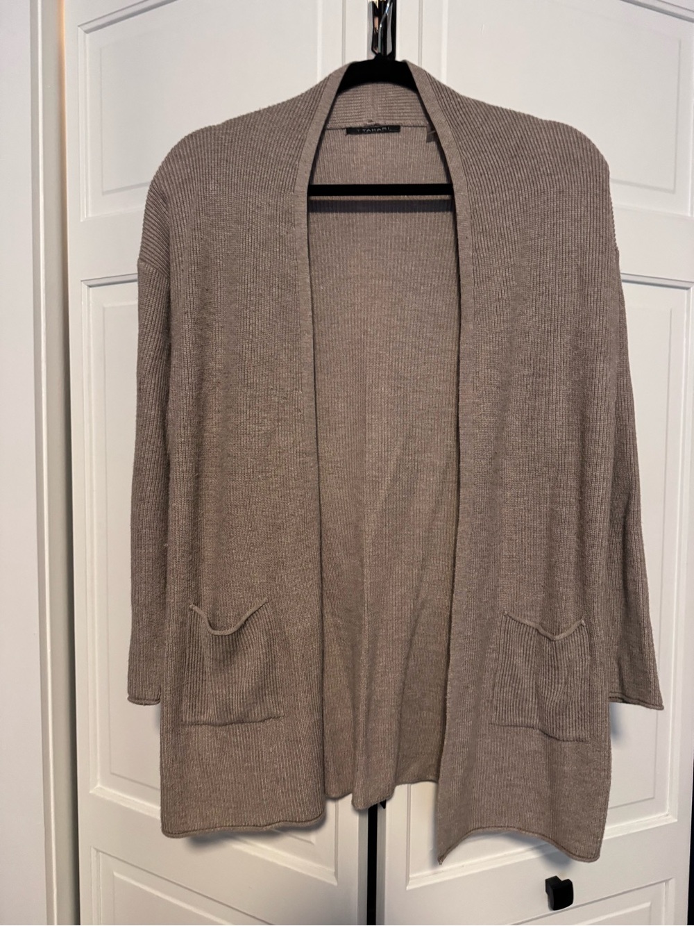 Tahari Taupe Open-Front Ribbed Cardigan